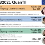 Graphic showing the list of talks by QuanTII ESRs at the Society for Mathematical Biology 2021 meeting